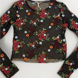 Urban Outfitters Black Floral Embroidered Mesh Blouse